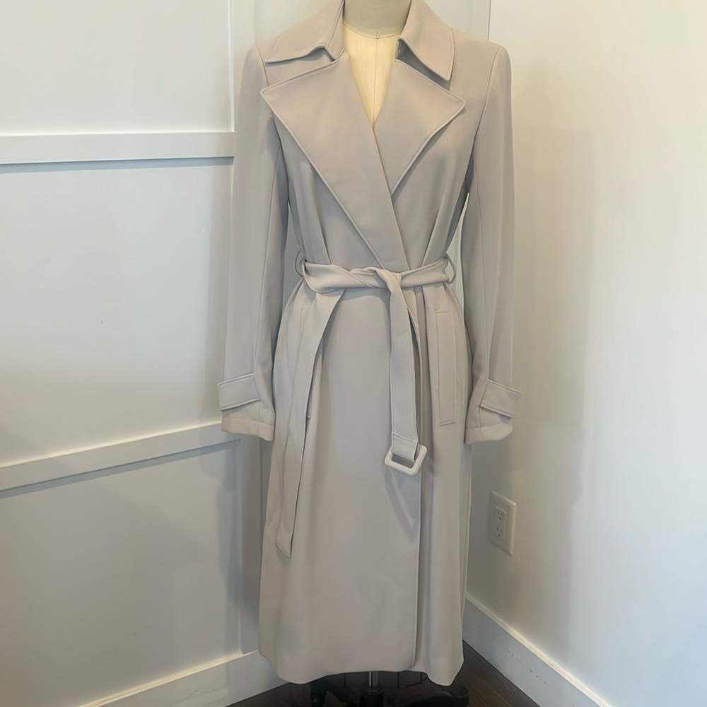 Theory Sport Tex Crepe trench coat, pale oak, xs